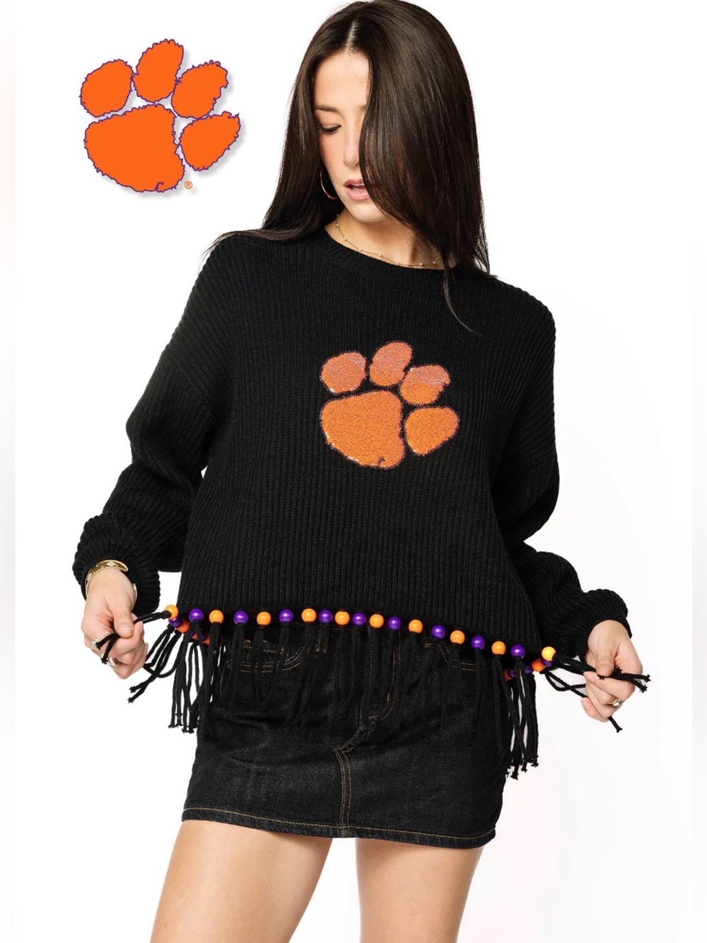 NEW Queen of Sparkles Licensed Sample Clemson
Fringe Bead Sweater. Size XS